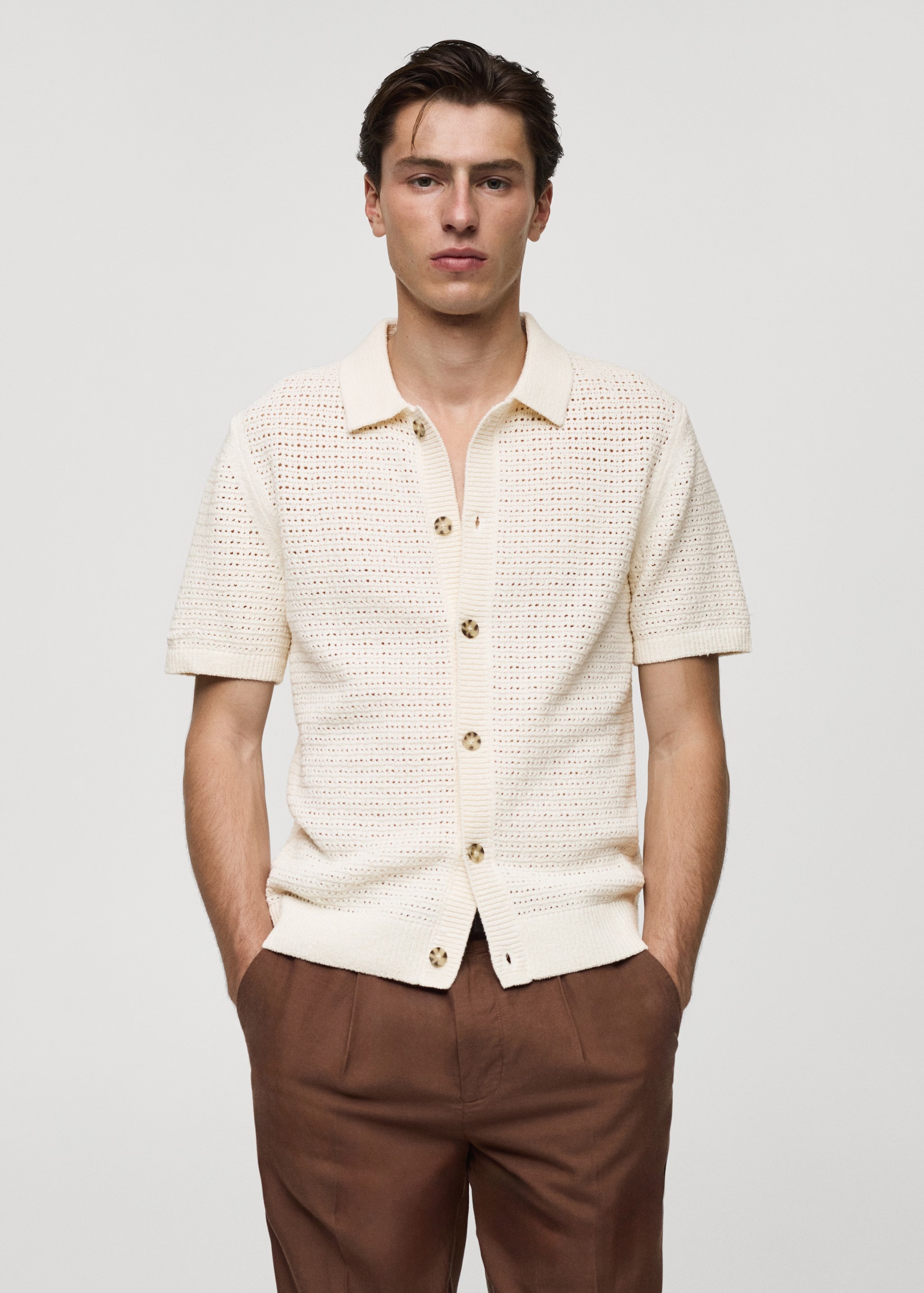 ODM Men's Short-Sleeve Open-Knit Button-Up Shirt in Cream