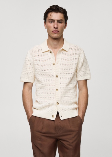 ODM Men's Short-Sleeve Open-Knit Button-Up Shirt in Cream