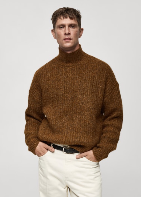 Custom Men's Brown Wool-Blend Turtleneck Sweater 