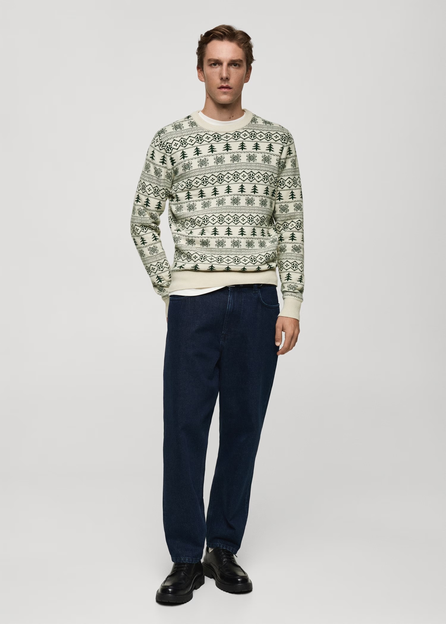 Custom Men's Festive Fair Isle Knit Sweater in Cream and Green 