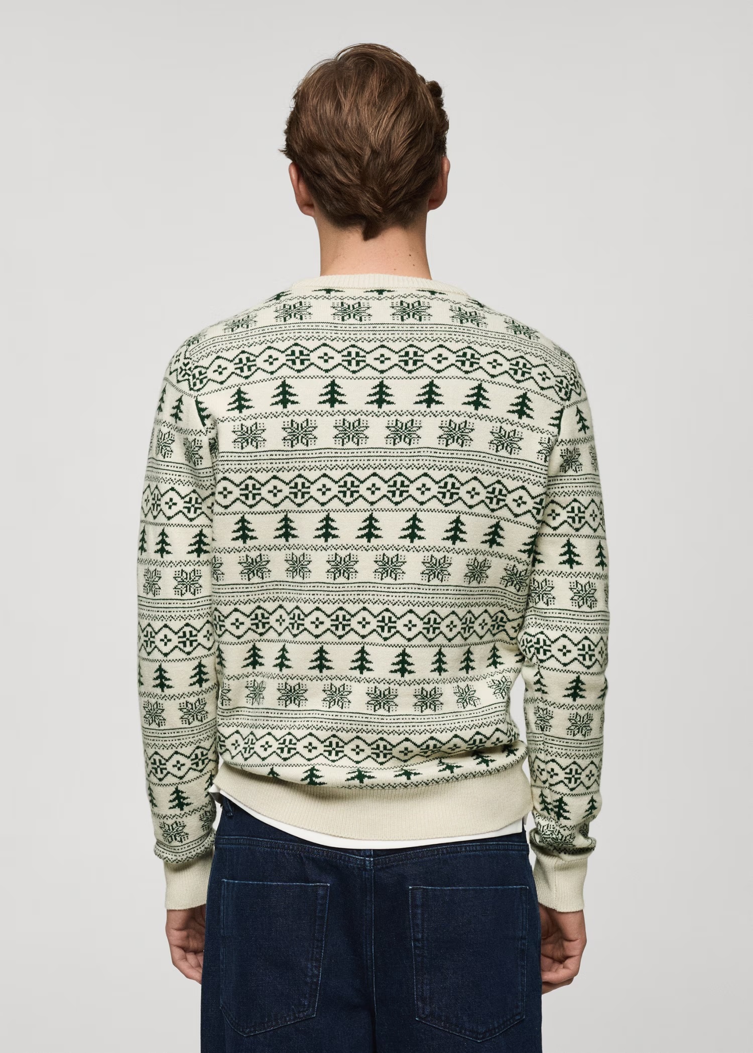 Custom Men's Festive Fair Isle Knit Sweater in Cream and Green 