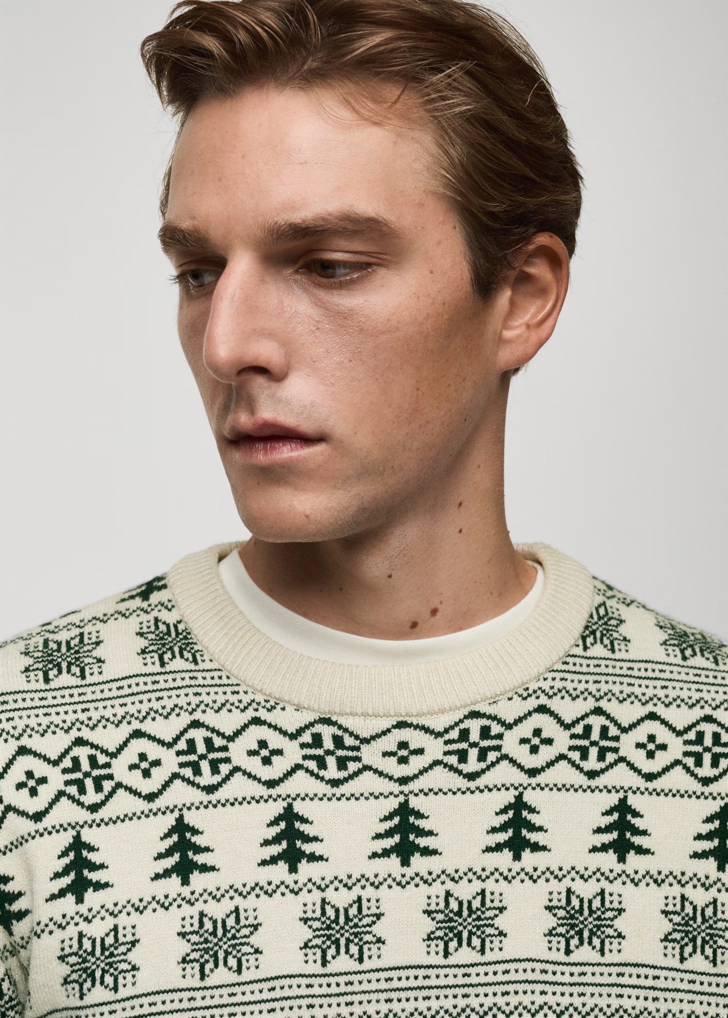 Custom Men's Festive Fair Isle Knit Sweater in Cream and Green 