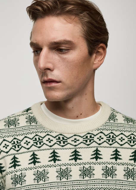 Custom Men's Festive Fair Isle Knit Sweater in Cream and Green 
