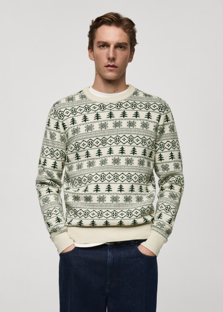 Custom Men's Festive Fair Isle Knit Sweater in Cream and Green 