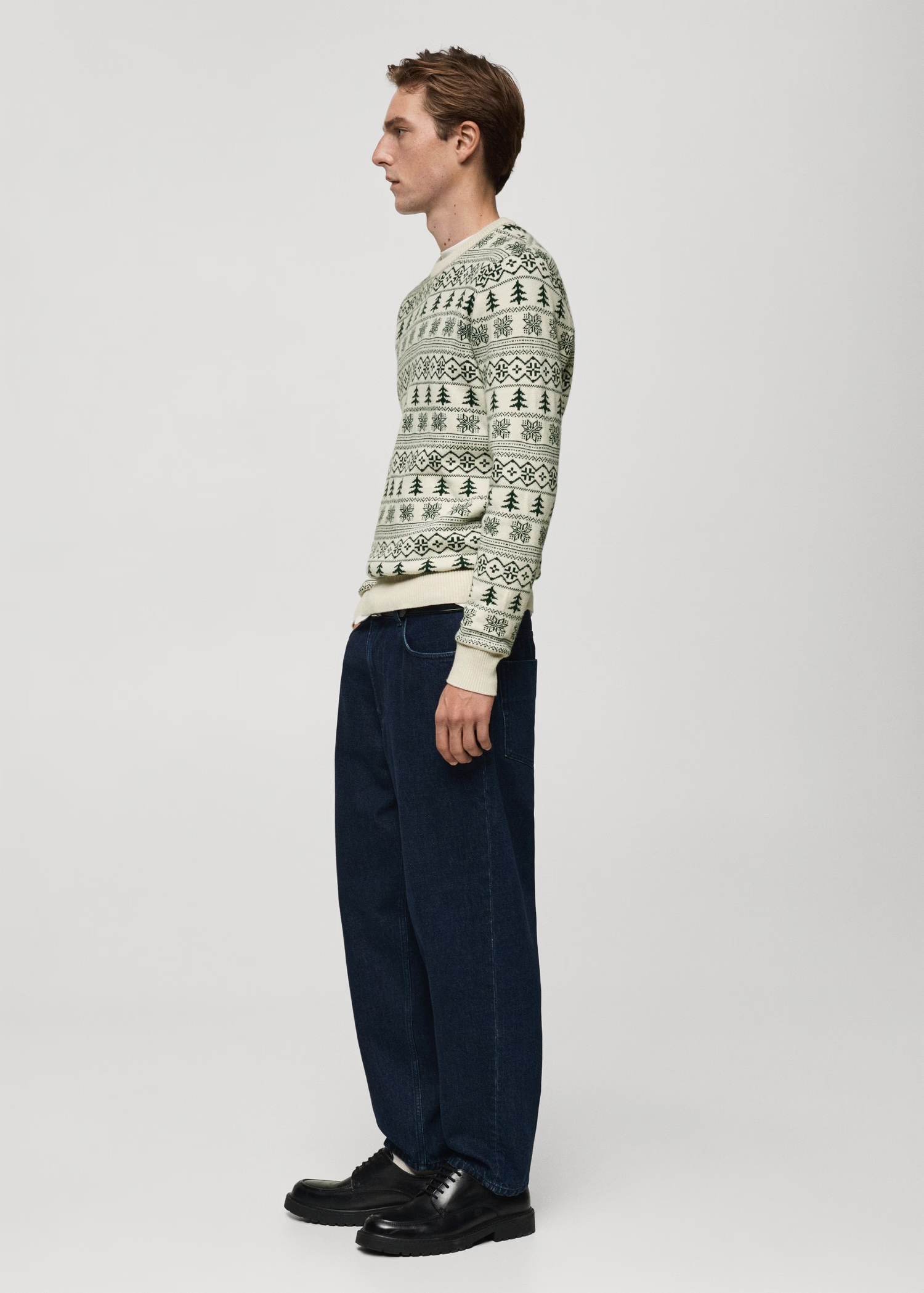 Custom Men's Festive Fair Isle Knit Sweater in Cream and Green 
