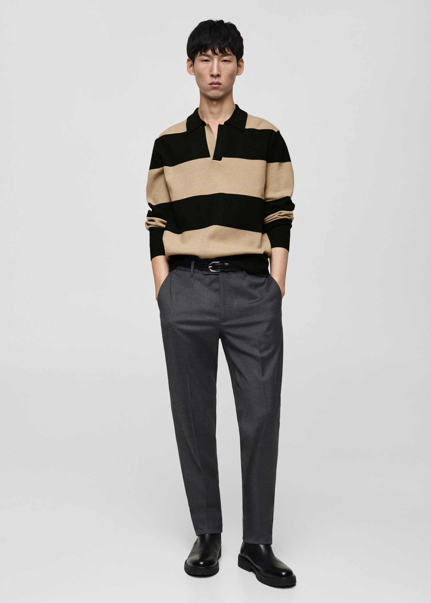 ODM Men's Striped Long-Sleeve Polo Sweater in Beige and Black