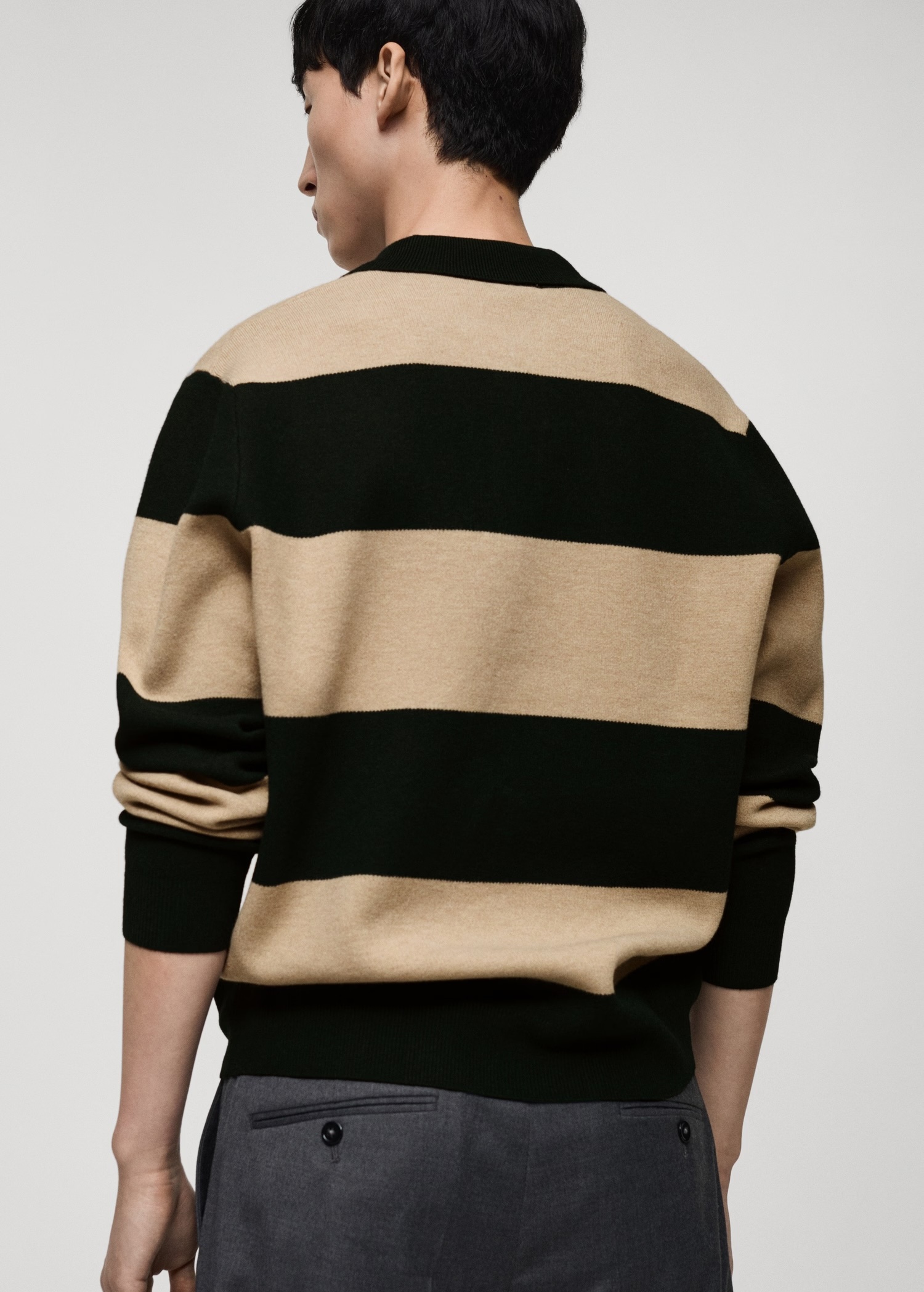 ODM Men's Striped Long-Sleeve Polo Sweater in Beige and Black