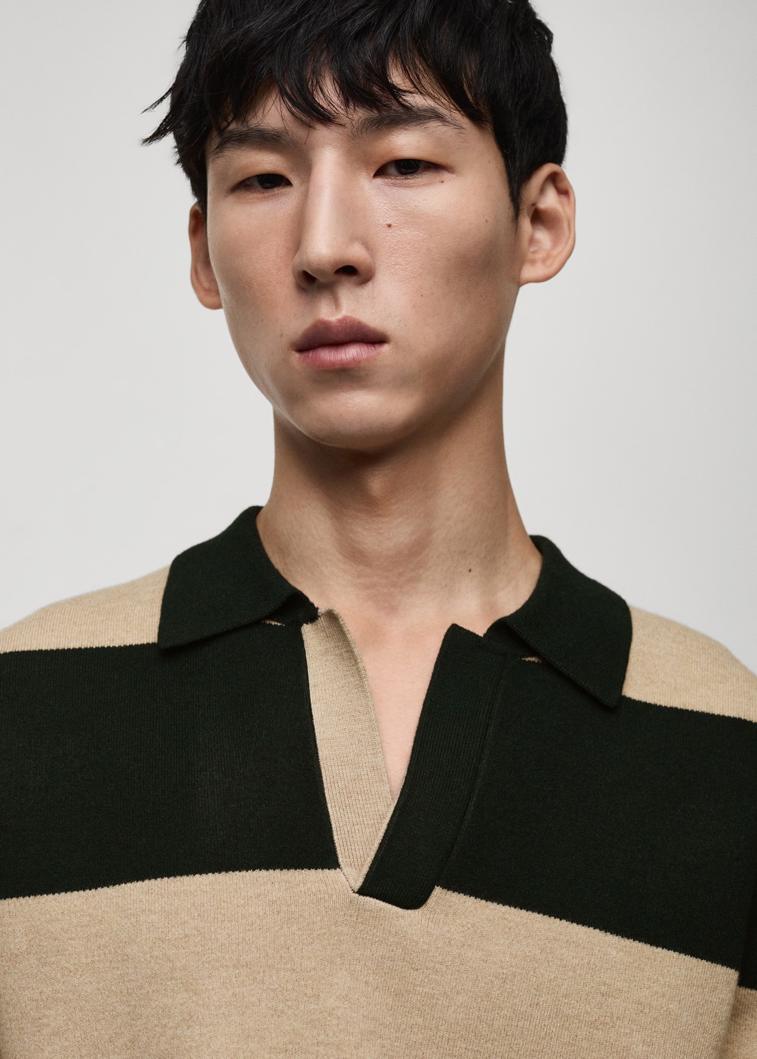ODM Men's Striped Long-Sleeve Polo Sweater in Beige and Black