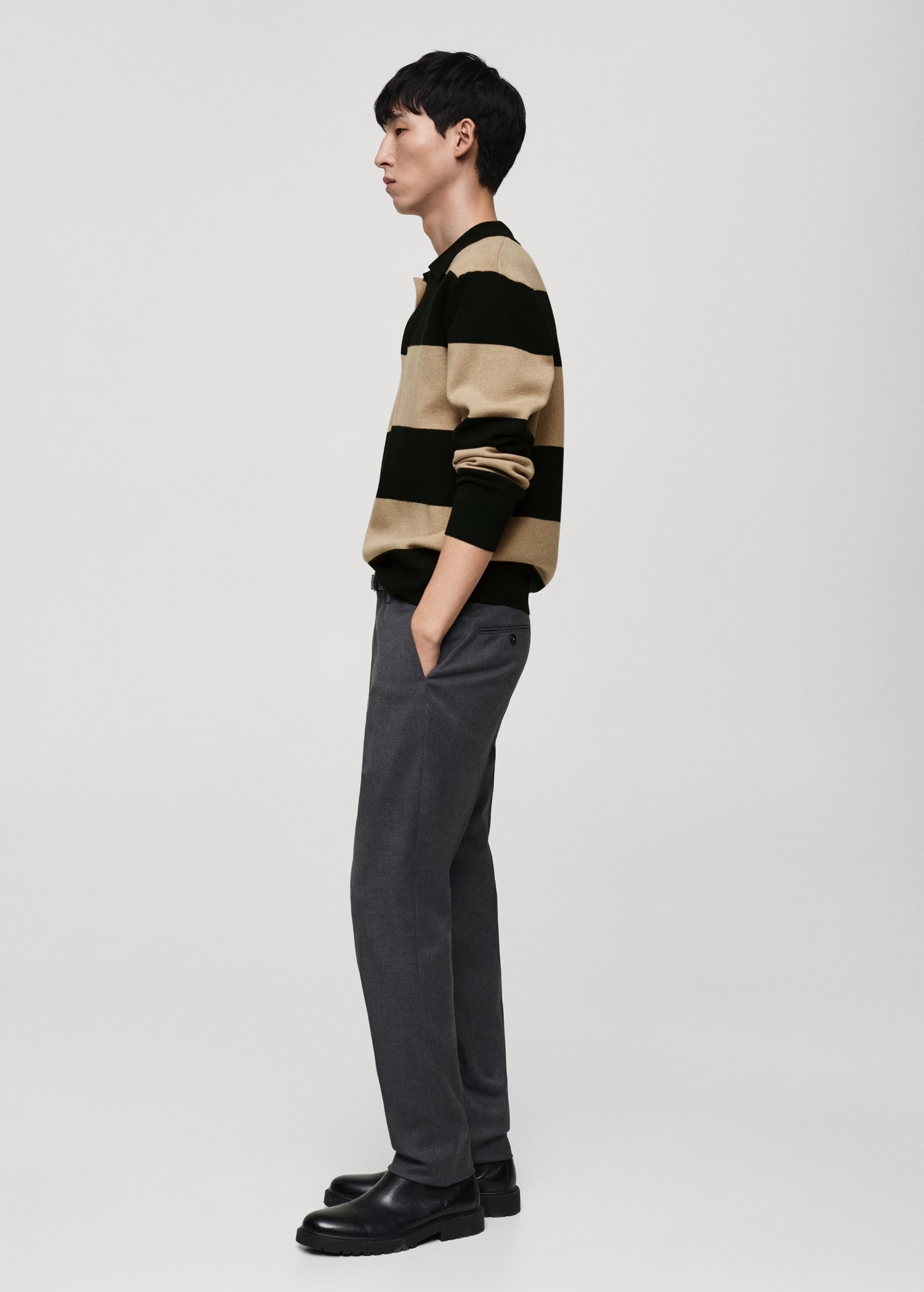 ODM Men's Striped Long-Sleeve Polo Sweater in Beige and Black
