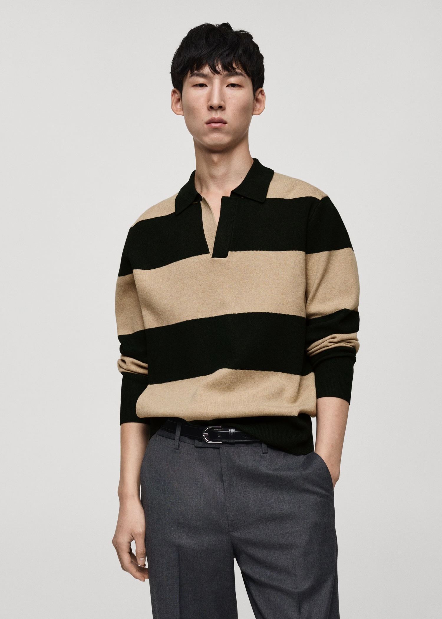ODM Men's Striped Long-Sleeve Polo Sweater in Beige and Black