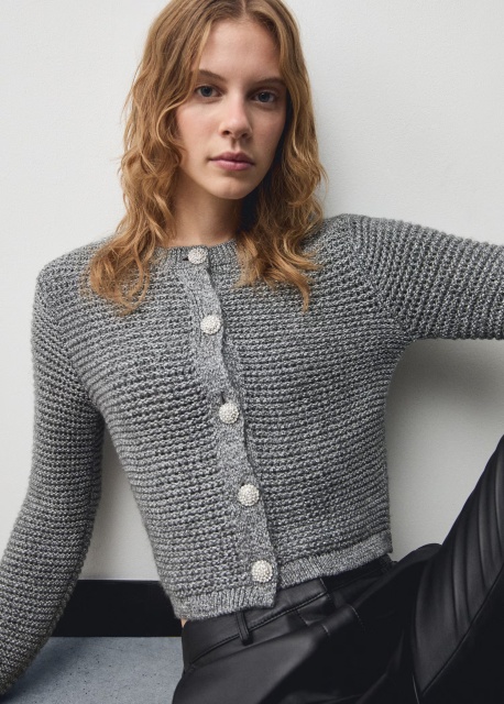 OEM/ODM Available Women's Cropped Metallic Gray Knit Cardigan | Customizable Wholesale Knitwear | Jubaodi