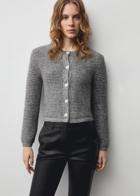 OEM/ODM Available Women's Cropped Metallic Gray Knit Cardigan | Customizable Wholesale Knitwear | Jubaodi