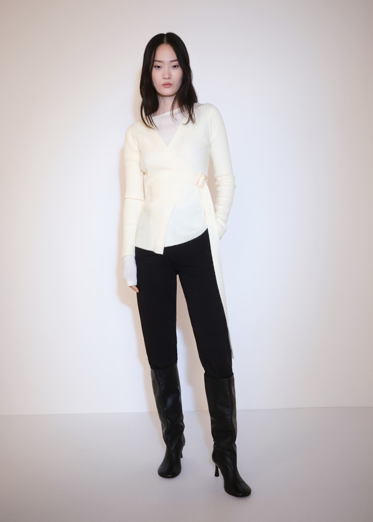 Wholesale Elegant Ribbed Wrap-Style Knit Sweater with Buckle Detail | Customizable ODM & Bulk Knitwear | Jubaodi