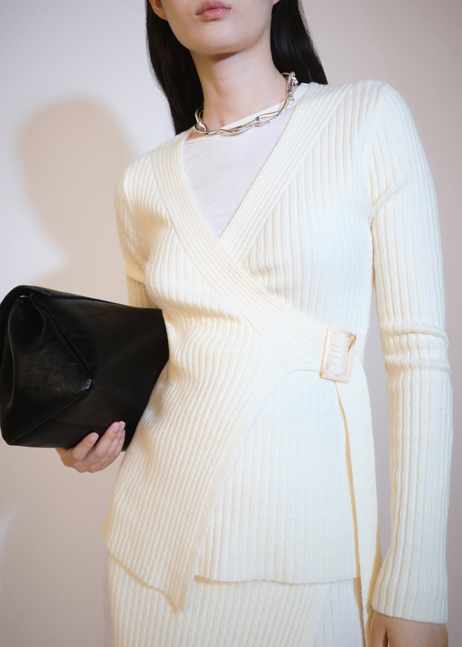 Wholesale Elegant Ribbed Wrap-Style Knit Sweater with Buckle Detail | Customizable ODM & Bulk Knitwear | Jubaodi