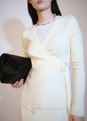 Wholesale Elegant Ribbed Wrap-Style Knit Sweater with Buckle Detail | Customizable ODM & Bulk Knitwear | Jubaodi