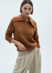 ODM Women’s Cable Knit Collared Sweater in Warm Caramel | Customizable Wholesale & Bulk Orders | Jubaodi