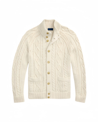 Jubaodi Men's Cream Cable-Knit High-Collar Button-Up Cardigan – Custom & Wholesale Knitwear Manufacturer