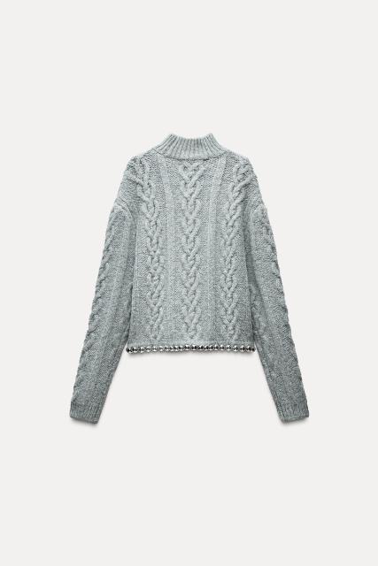 OEM/ODM Women’s Grey Cable Knit Sweater with Metallic Hem Detail | Custom Knitwear Manufacturer & Wholesale Supplier | Jubaodi