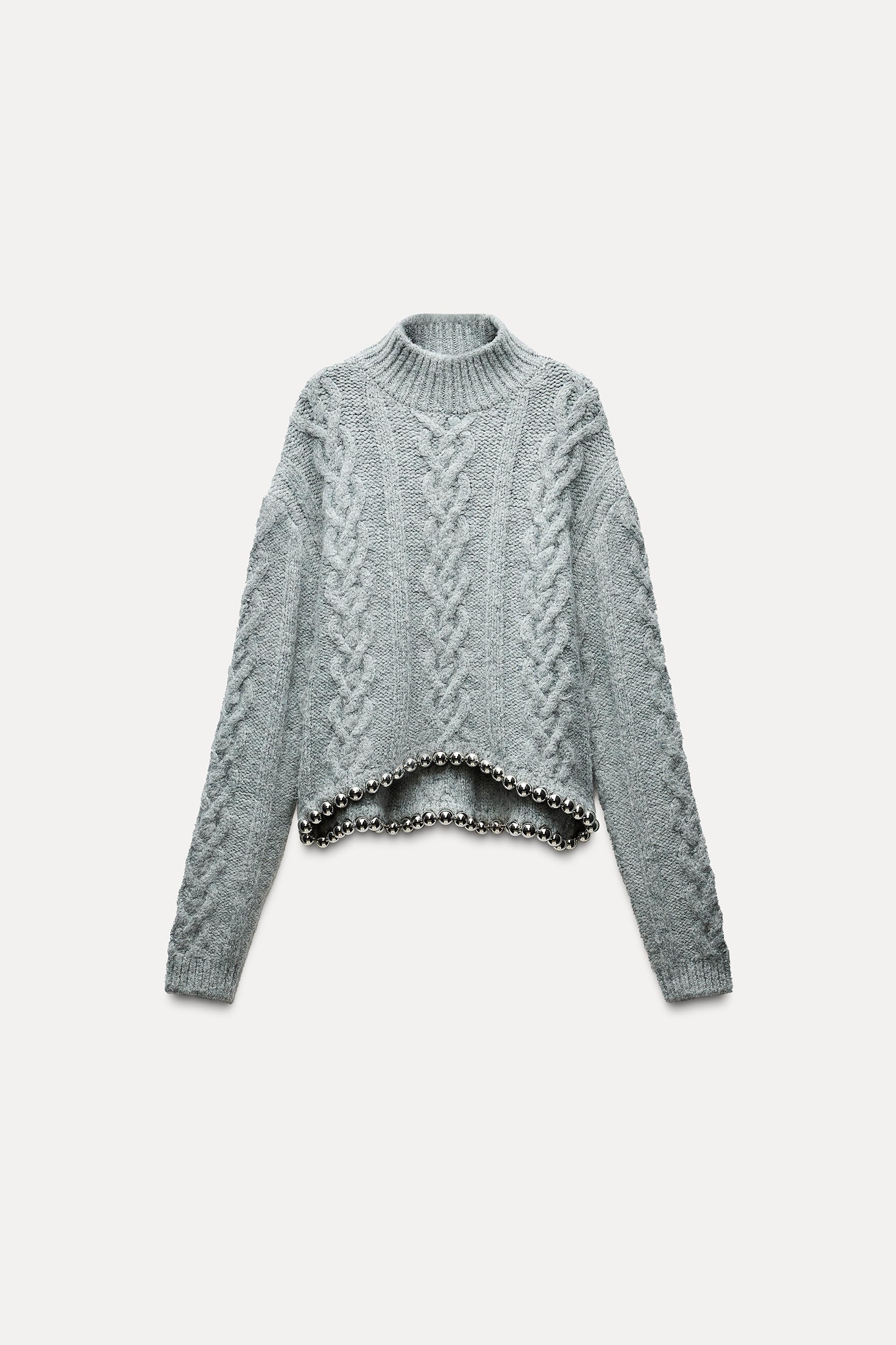 OEM/ODM Women’s Grey Cable Knit Sweater with Metallic Hem Detail | Custom Knitwear Manufacturer & Wholesale Supplier | Jubaodi
