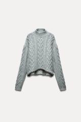 OEM/ODM Women’s Grey Cable Knit Sweater with Metallic Hem Detail | Custom Knitwear Manufacturer & Wholesale Supplier | Jubaodi