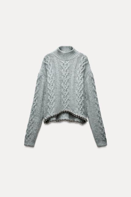 OEM/ODM Women’s Grey Cable Knit Sweater with Metallic Hem Detail | Custom Knitwear Manufacturer & Wholesale Supplier | Jubaodi