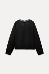 Customizable Elegant Black Knit Sweater with Decorative Beaded Collar - Premium Women's Knitwear Manufacturer