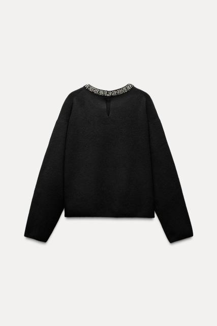 Customizable Elegant Black Knit Sweater with Decorative Beaded Collar - Premium Women's Knitwear Manufacturer