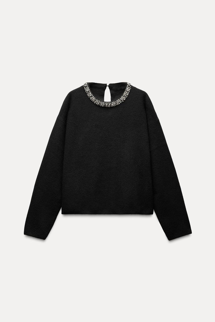 Customizable Elegant Black Knit Sweater with Decorative Beaded Collar - Premium Women's Knitwear Manufacturer