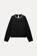 Customizable Elegant Black Knit Sweater with Decorative Beaded Collar - Premium Women's Knitwear Manufacturer