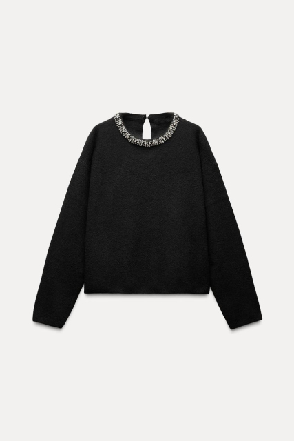 Customizable Elegant Black Knit Sweater with Decorative Beaded Collar - Premium Women's Knitwear Manufacturer