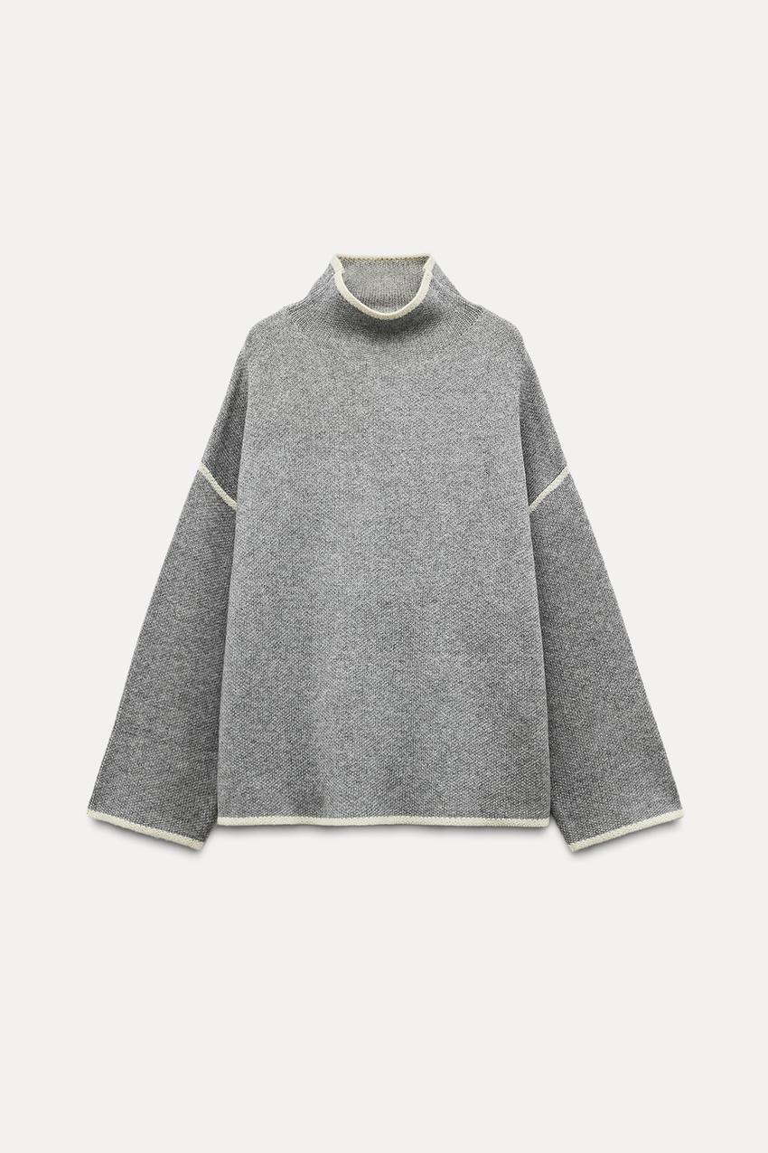 Factory-Direct Custom Gray Turtleneck Sweater with Contrast Trim - Women's Knitwear Wholesale Supplier