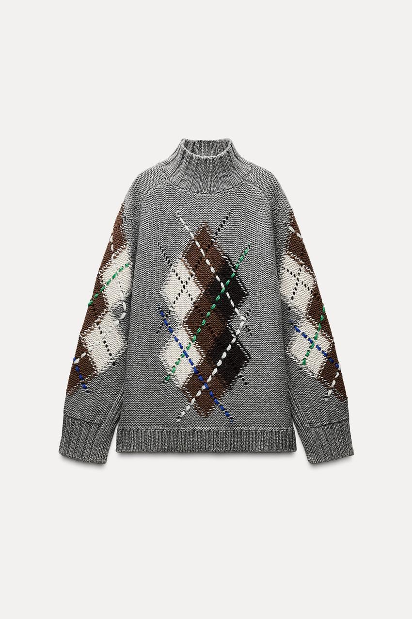 Made-to-Order Gray Turtleneck Sweater with Argyle Print - Knitwear Supplier