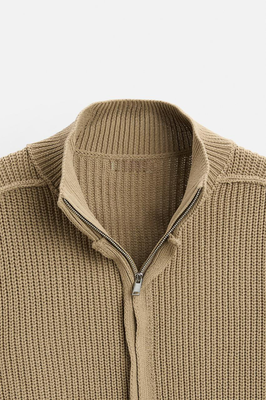 Custom Design Zip-Up Ribbed Sweater – Wholesale Women’s Casual Knitwear in Beige