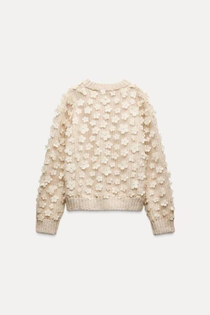 Customizable Cream Floral Embellished Sweater with 3D Flower Detailing -Knitwear Manufacturer