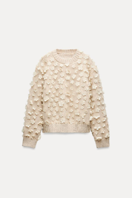 Customizable Cream Floral Embellished Sweater with 3D Flower Detailing -Knitwear Manufacturer