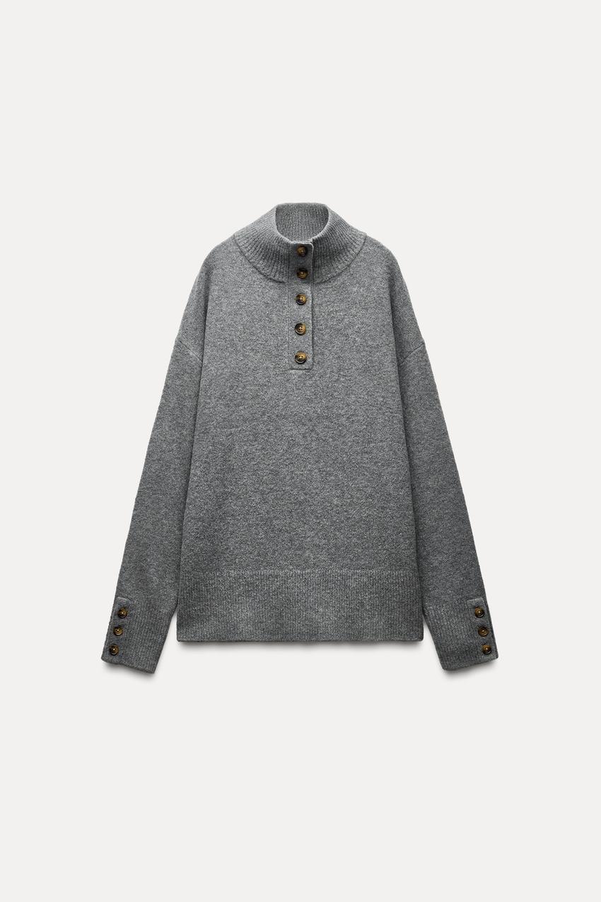 OEM Customizable Gray Button Detail Turtleneck Sweater – Wholesale Women’s Cozy Knitwear
