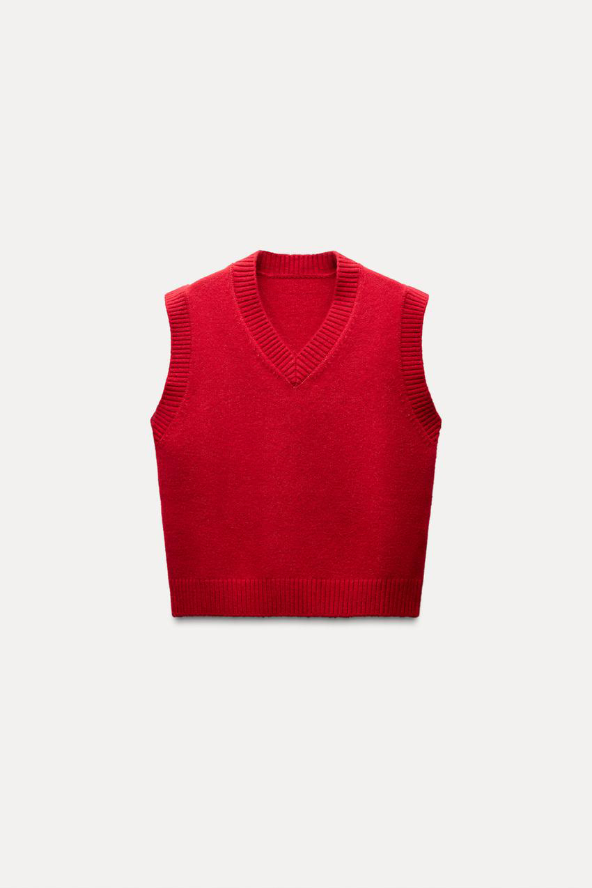 Factory Direct V-Neck Red Sleeveless Sweater – Customizable Wholesale Women’s Knitwear