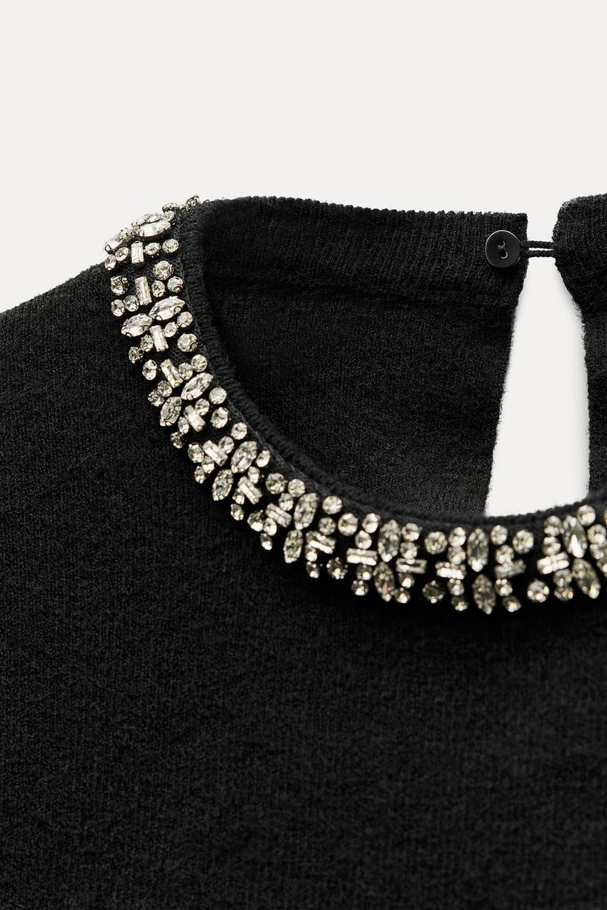 Customizable Elegant Black Knit Sweater with Decorative Beaded Collar - Premium Women's Knitwear Manufacturer