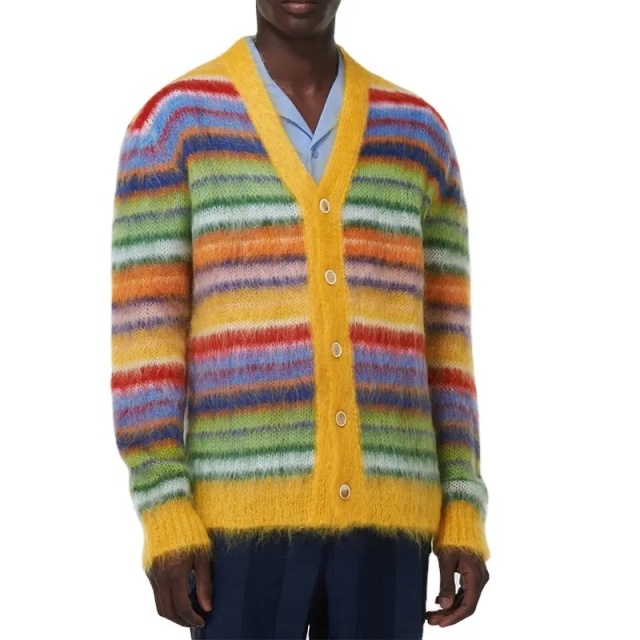 Customizable Vibrant Multicolor Striped Fuzzy Knit Cardigan with Yellow Accents | OEM & ODM Knitwear Manufacturer