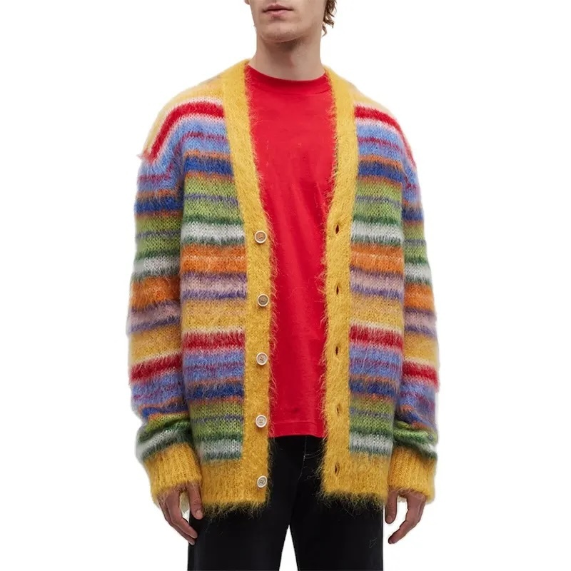 Customizable Vibrant Multicolor Striped Fuzzy Knit Cardigan with Yellow Accents | OEM & ODM Knitwear Manufacturer