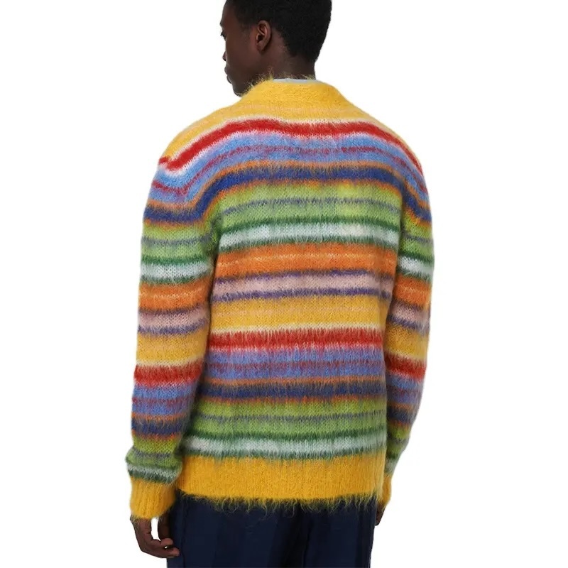 Customizable Vibrant Multicolor Striped Fuzzy Knit Cardigan with Yellow Accents | OEM & ODM Knitwear Manufacturer