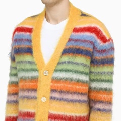 Customizable Vibrant Multicolor Striped Fuzzy Knit Cardigan with Yellow Accents | OEM & ODM Knitwear Manufacturer