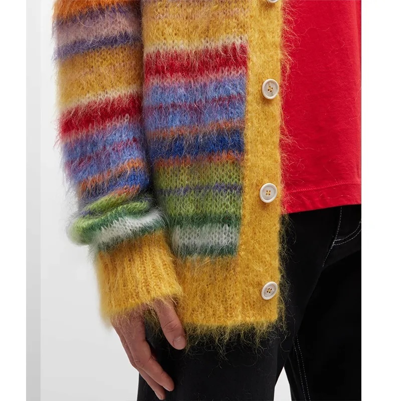 Customizable Vibrant Multicolor Striped Fuzzy Knit Cardigan with Yellow Accents | OEM & ODM Knitwear Manufacturer
