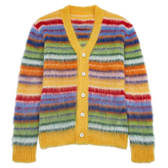 Customizable Vibrant Multicolor Striped Fuzzy Knit Cardigan with Yellow Accents | OEM & ODM Knitwear Manufacturer