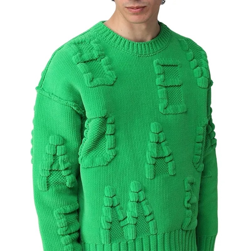 Custom Men's 3D Knit Textured Sweater – Bold Green with Unique Letter Details | OEM & ODM Knitwear Manufacturer