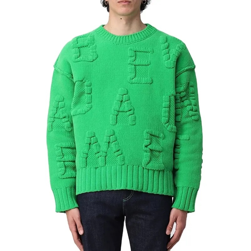 Custom Men's 3D Knit Textured Sweater – Bold Green with Unique Letter Details | OEM & ODM Knitwear Manufacturer