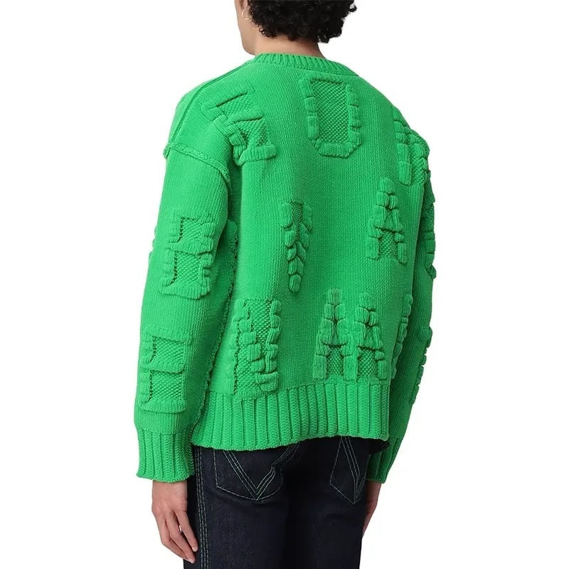 Custom Men's 3D Knit Textured Sweater – Bold Green with Unique Letter Details | OEM & ODM Knitwear Manufacturer