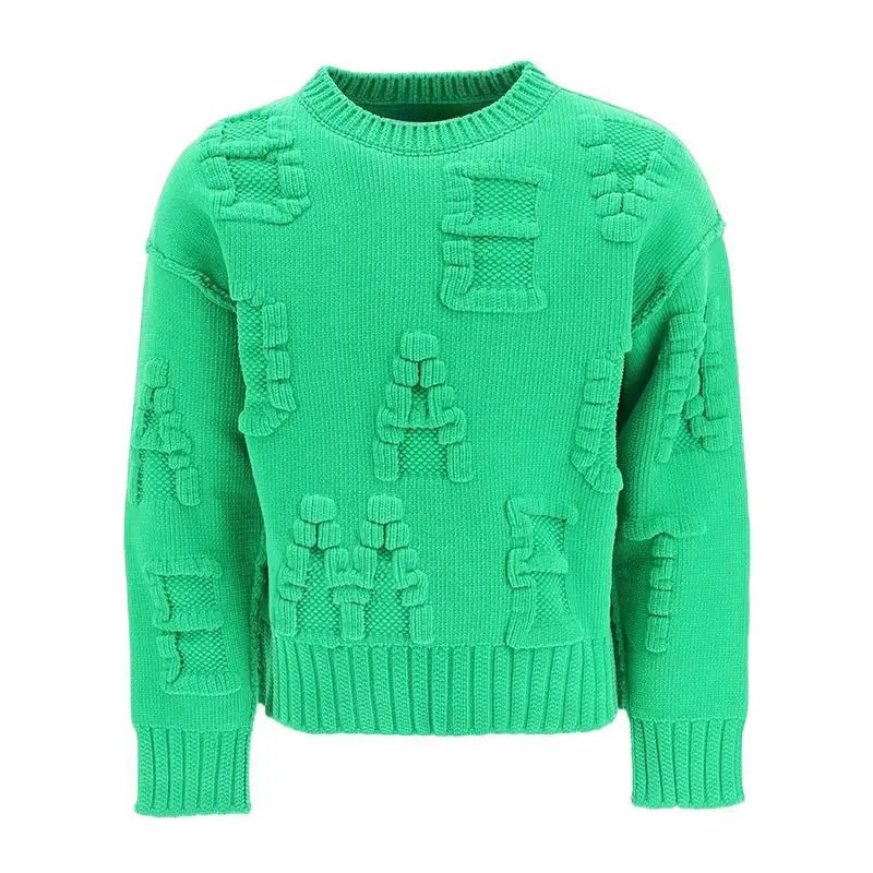 Custom Men's 3D Knit Textured Sweater – Bold Green with Unique Letter Details | OEM & ODM Knitwear Manufacturer