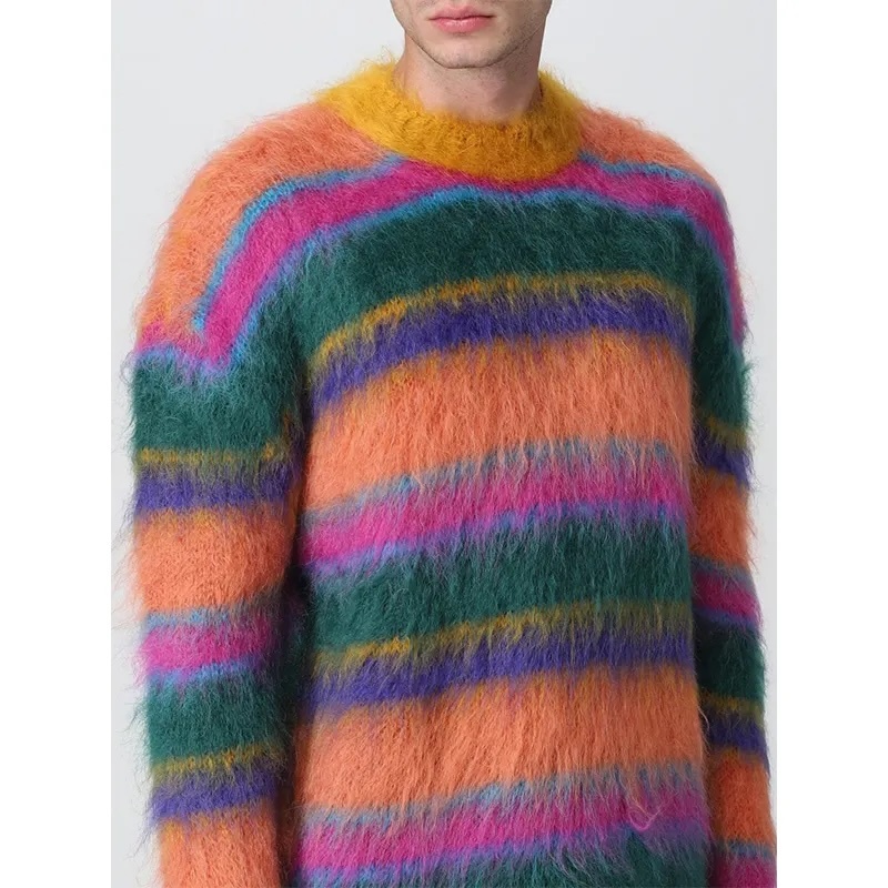 Custom Men's Multicolor Striped Mohair Sweater – Vibrant Style and Luxurious Comfort | OEM & ODM Knitwear Manufacturer