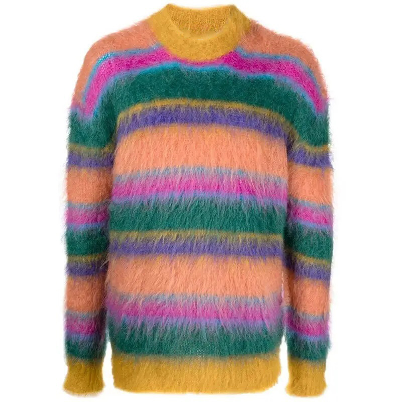 Custom Men's Multicolor Striped Mohair Sweater – Vibrant Style and Luxurious Comfort | OEM & ODM Knitwear Manufacturer